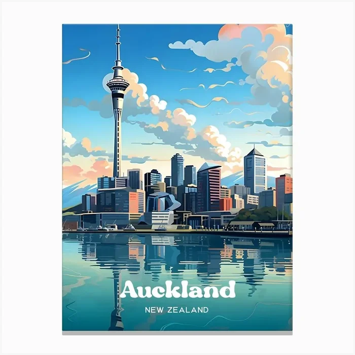 Auckland City Skyline New Zealand Travel Art Canvas Print by Wanderscape Travel Art