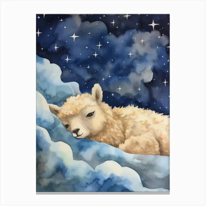 Baby Alpaca 2 Sleeping In The Clouds Canvas Print by Scribble Studio