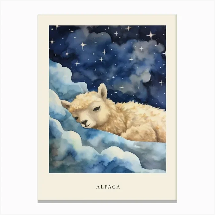 Baby Alpaca 2 Sleeping In The Clouds Nursery Poster Canvas Print by Scribble Studio