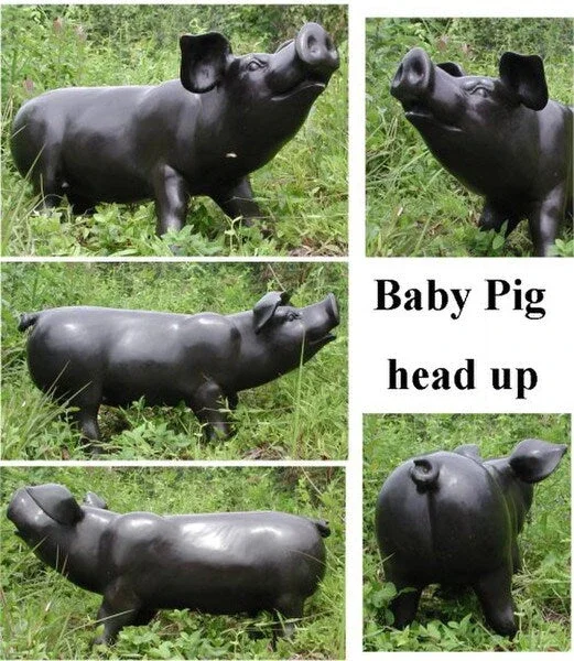 Baby Pig Head Up Bronze Sculpture