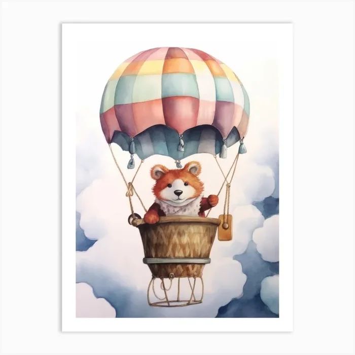 Baby Red Panda 3 In A Hot Air Balloon Art Print by Scribble Studio