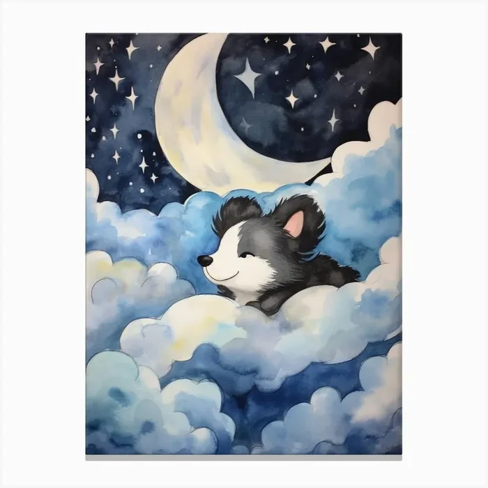 Baby Skunk Sleeping In The Clouds Canvas Print by Scribble Studio