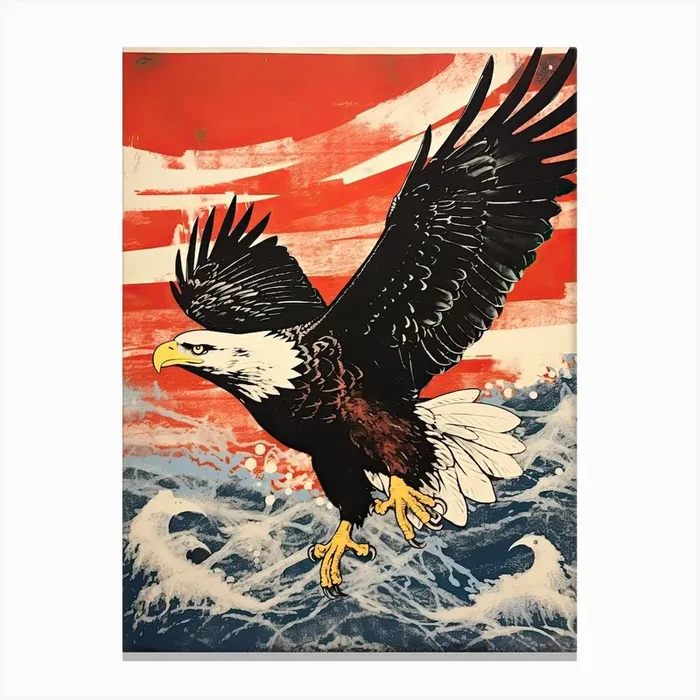 Bald Eagle, Woodblock Animal Drawing 1 Canvas Print by Sakura Animal Creations