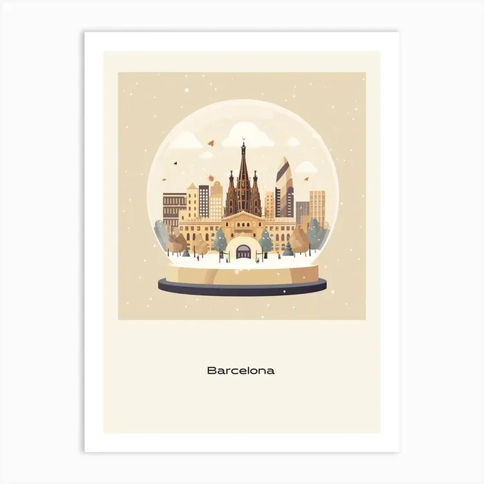 Barcelona Spain In Snowglobe Poster Art Print by Bon Hiver Prints
