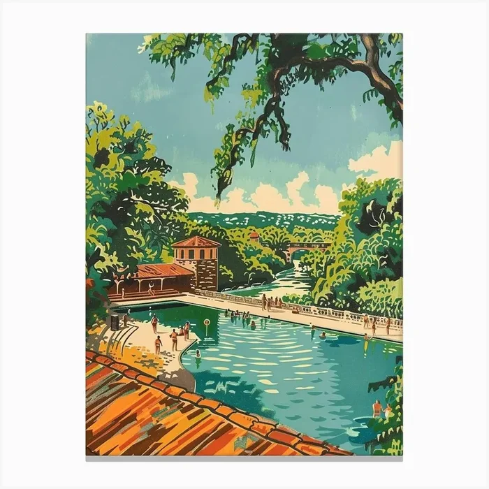 Barton Springs Pool Austin Texas Colourful Blockprint 2 Canvas Print by PixelPerfect