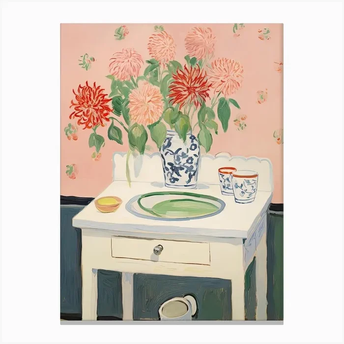 Bathroom Vanity Painting With A Dahlia Bouquet 4 Canvas Print by Flora Expressions