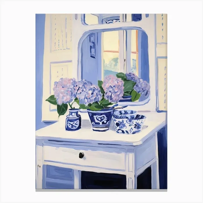 Bathroom Vanity Painting With A Hydrangea Bouquet 1 Canvas Print by Flora Expressions