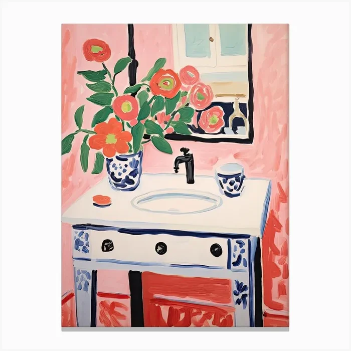 Bathroom Vanity Painting With A Rose Bouquet 3 Canvas Print by Flora Expressions