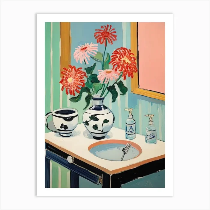 Bathroom Vanity Painting With A Zinnia Bouquet 1 Art Print by Flora Expressions
