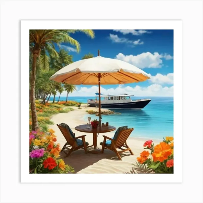 Beach Scene With Umbrella 1 Art PrintA by Artistcom