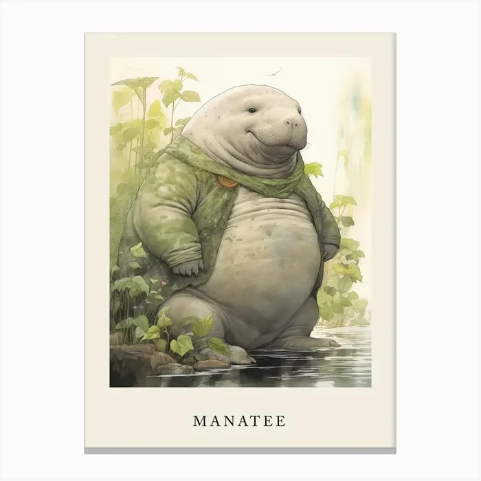 Beatrix Potter Inspired Animal Watercolour Manatee Canvas Print by Scribble Studio