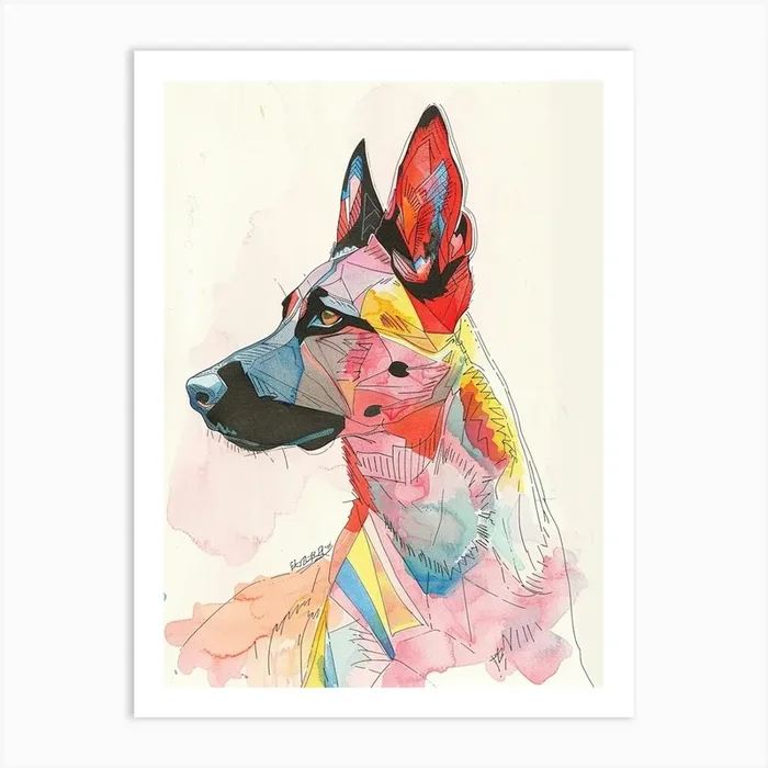 Beauceron Dog Watercolour Geometric Line Drawing Art Print by Woof and Whiskers