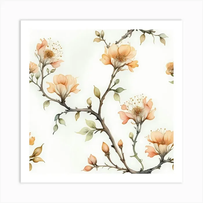 Beautiful and elegance flowers with branches in watercolor painting art, white background Art Print by Vinzlim