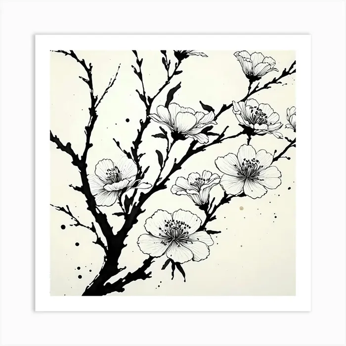 Beautiful flowers with branches in abstract ink painting art Art Print by Vinzlim