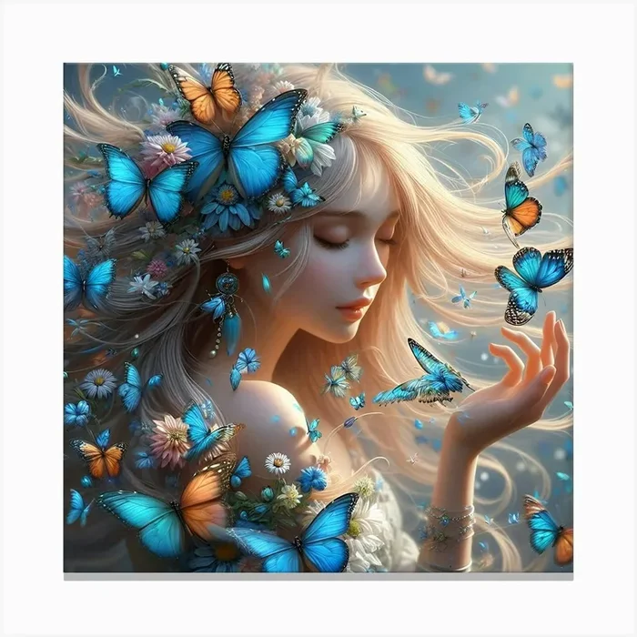 Beautiful girl with butterflies and flowers Canvas Print by Vinzlim