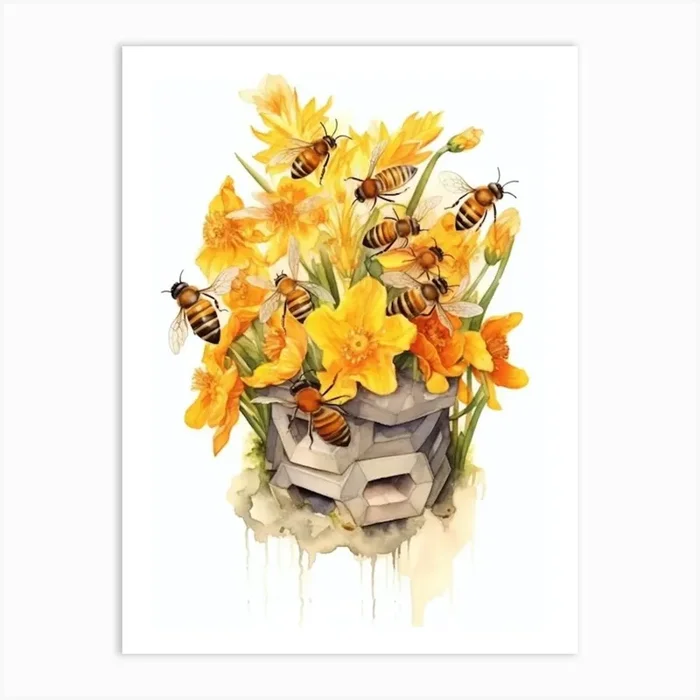 Beehive With Daffodils Watercolour Illustration 2 Art Print by Flora Expressions