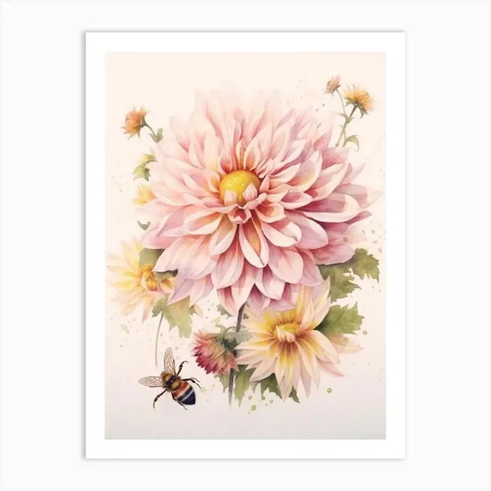 Beehive With Dahlia Watercolour Illustration 2 Art Print by Flora Expressions
