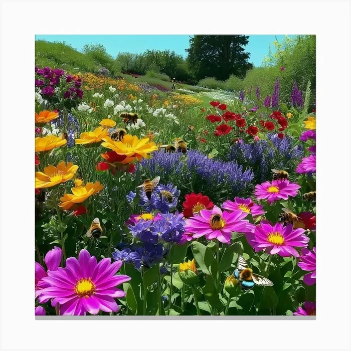 Bees and Butterfly In The Spring Flower Garden Canvas Print by Vinzlim