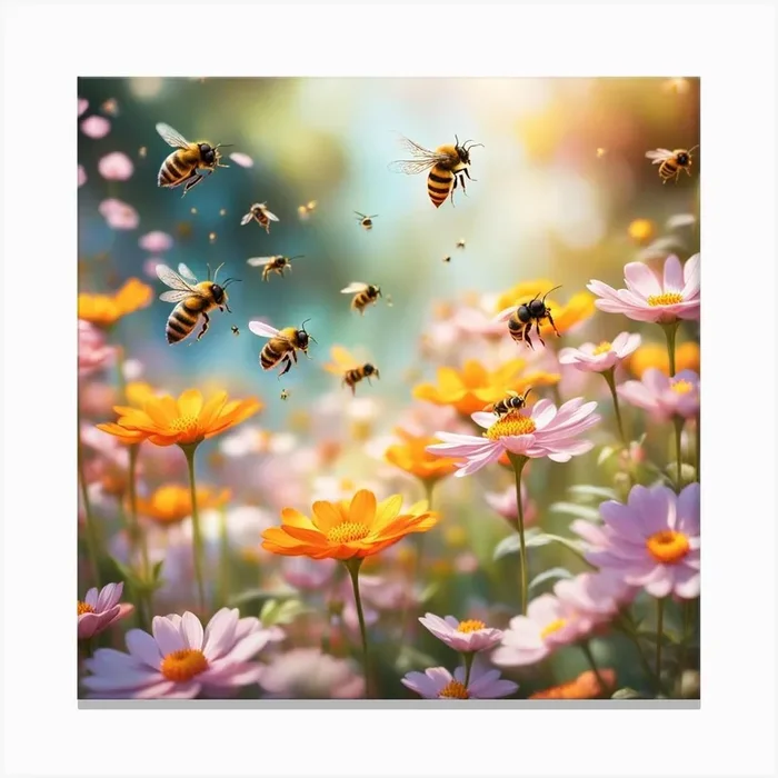 Bees Flying Over Flowers Canvas Print by Cristain m
