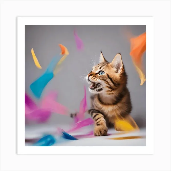 Bengal Kitten Playing With Colorful Feathers 1 Art PrintN by nawwwaz