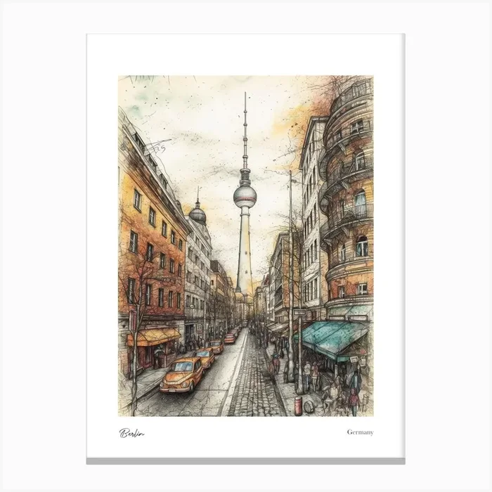 Berlin Germany Pencil Sketch 2 Watercolour Travel Poster Canvas Print by Fusion Designs