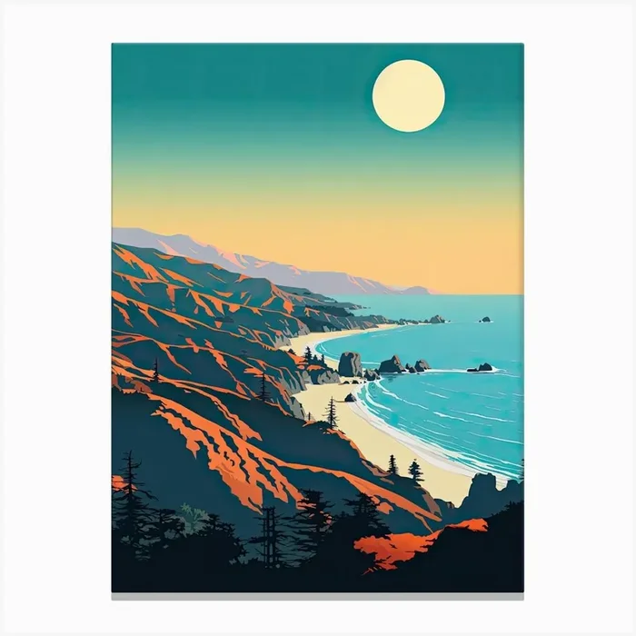 Big Sur California, Usa, Bold Outlines 2 Canvas Print by Dreamy Seasons Art