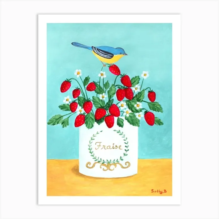 Bird And Strawberry Art Print by Sally B