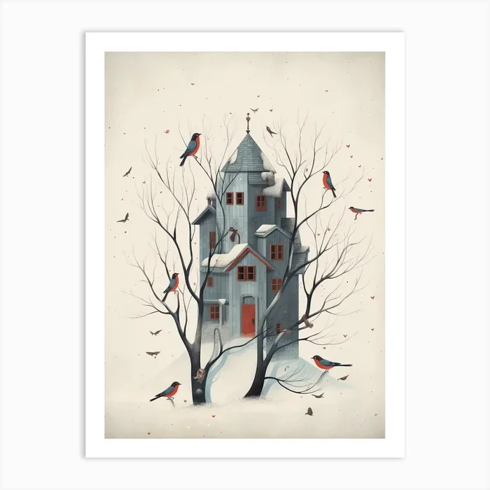 Bird House Winter Snow Illustration 3 Art Print by Featherline