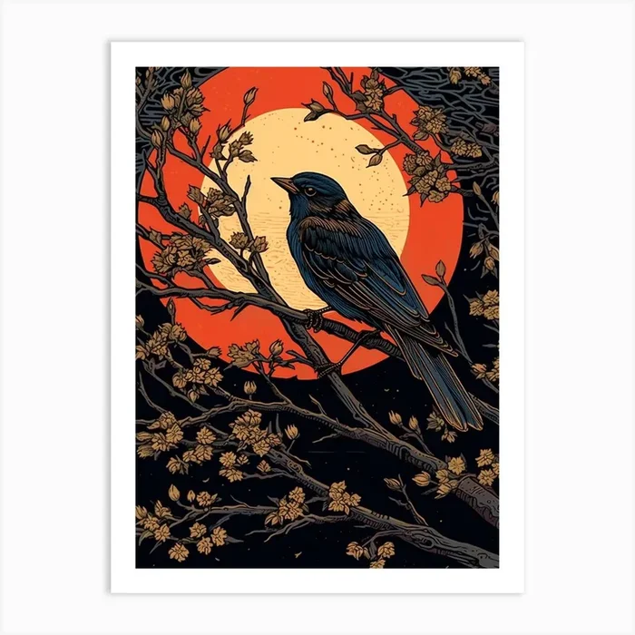 Birds And Branches Linocut Style 8 Art Print by Featherline