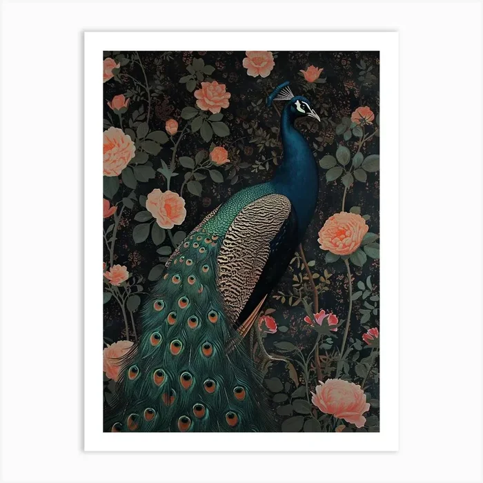 Black & Pink Floral Peacock Art Print by Featherline