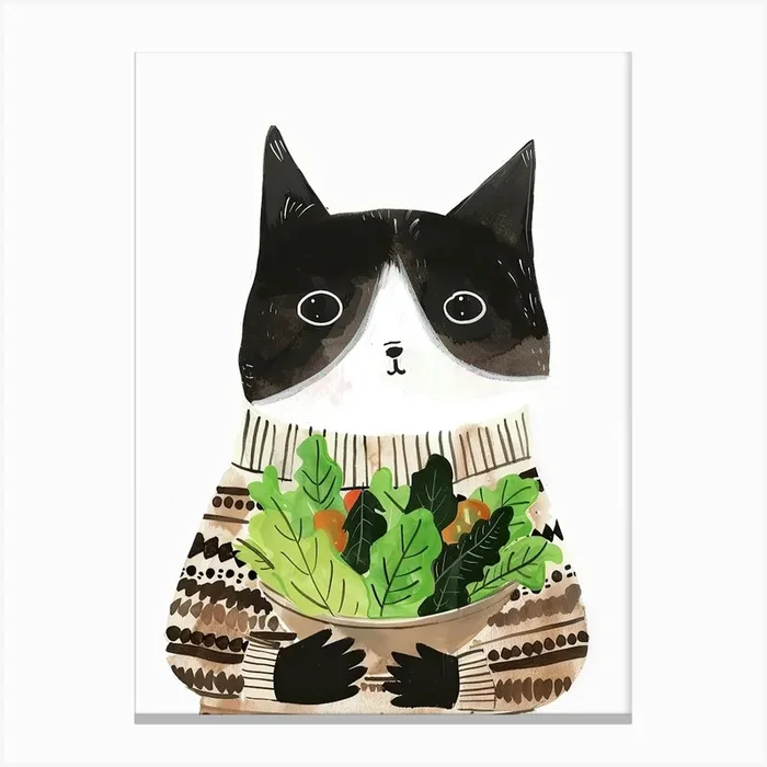Black And White Cat Eating Salad Folk Illustration 4 Canvas Print by Purrfect Plates