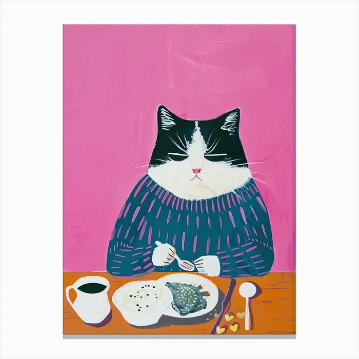 Black And White Cat Having Breakfast Folk Illustration 3 Canvas Print by Purrfect Plates