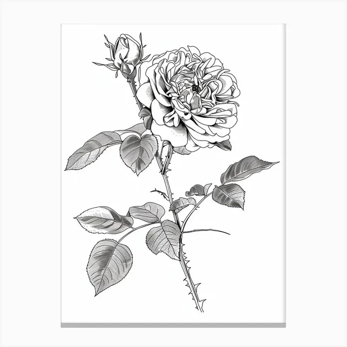 Black And White Rose Line Drawing 5 Canvas Print by Petal Pigments