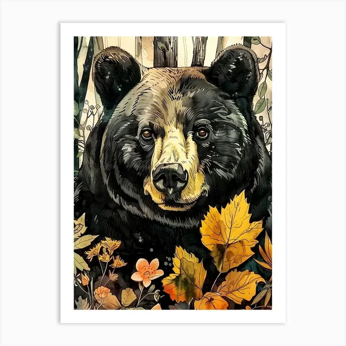 Black Bear In The Woods animal art Art Print by JBJart Justyna Jaszke