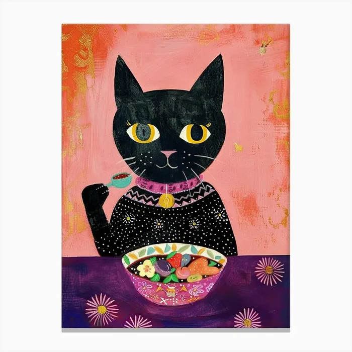 Black Cat Having Breakfast Folk Illustration 2 Canvas Print by Purrfect Plates