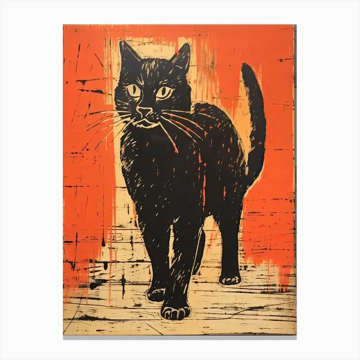 Black Cat, Woodblock Animal Drawing 5 Canvas Print by Sakura Animal Creations