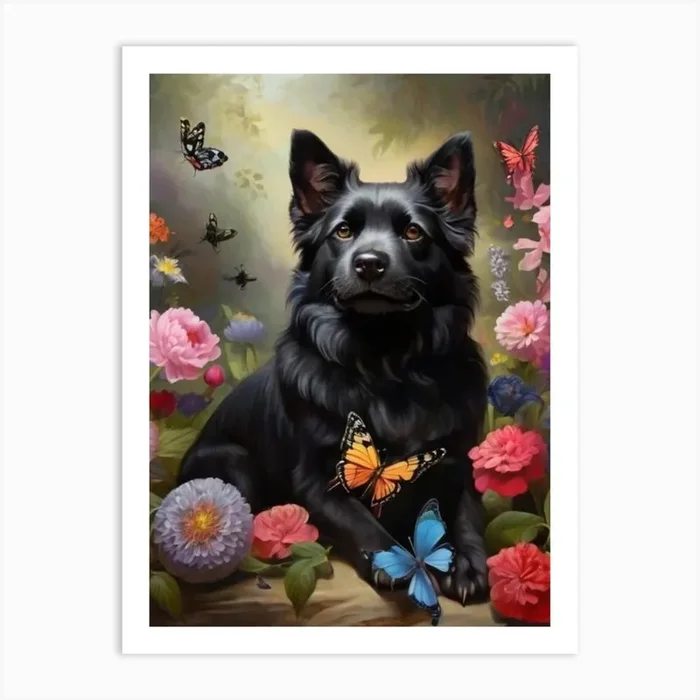 Black Dog With Butterflies Art PrintA by Artistcom