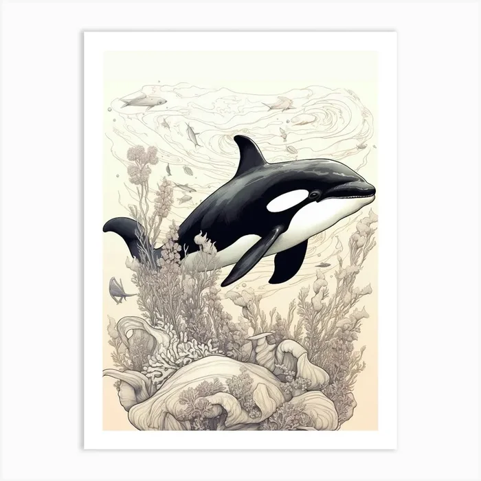 Black Linework Orca Whale Illustration With Coral Art Print by Energy of the Sea