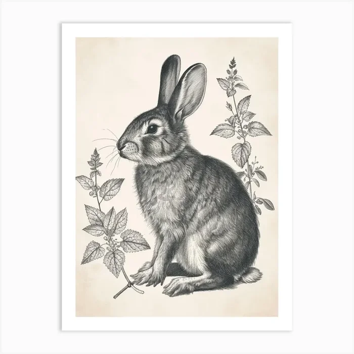 Blanc De Hotot Blockprint Rabbit Illustration 8 Art Print by Ritual Art Prints