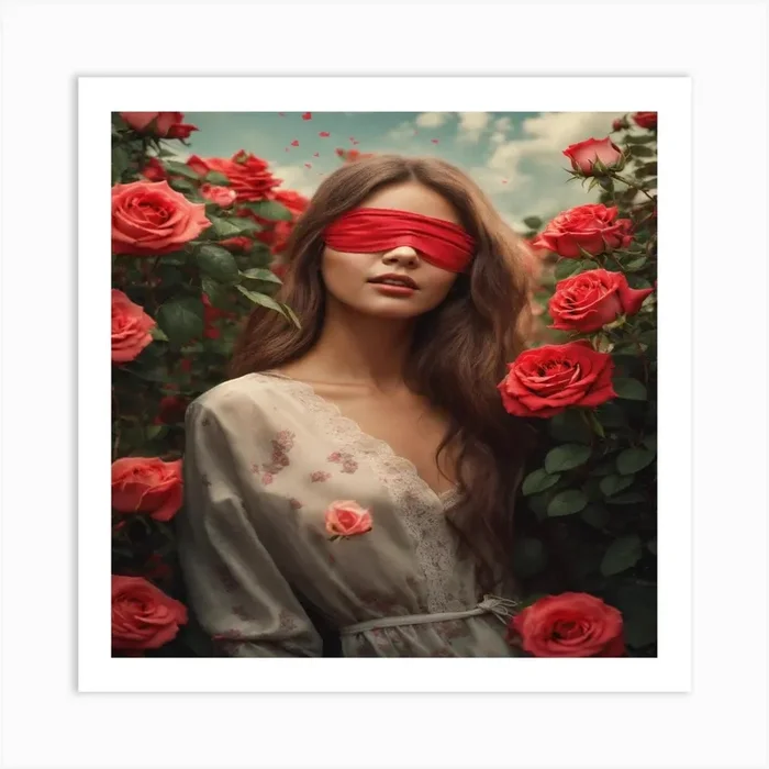 Blindfolded Woman In Red Roses Art PrintN by Naifali