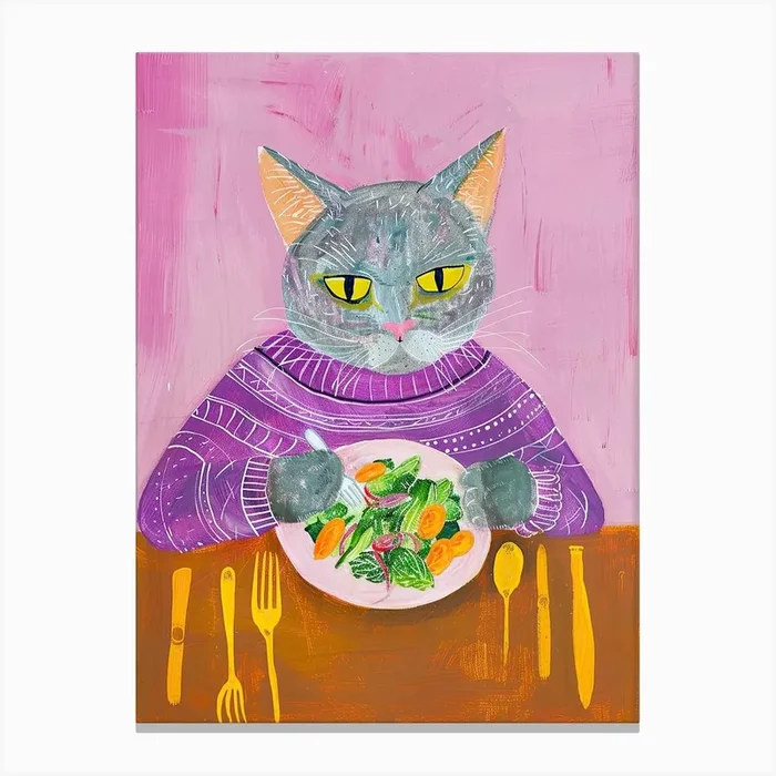 Blue Cat Eating Salad Folk Illustration 2 Canvas Print by Purrfect Plates