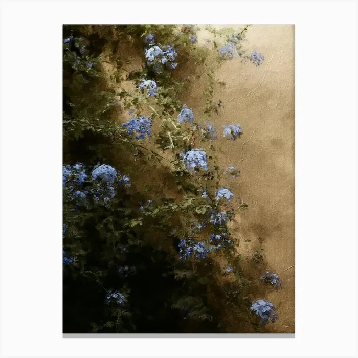 Blue Flowers Against Yellow Wall Oil Painting Canvas Print by Quay art