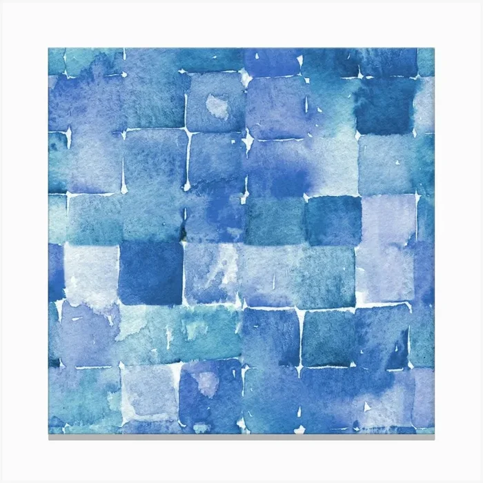 Blue Geometric Abstract Watercolor Squares Canvas PrintNS by Nic Squirrell