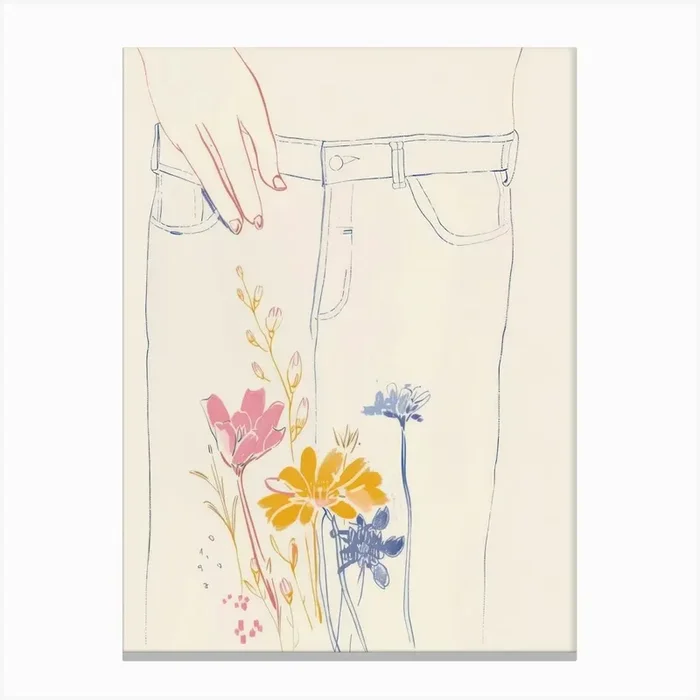 Blue Jeans Line Art Flowers 2 Canvas Print by Dreamy Seasons Art