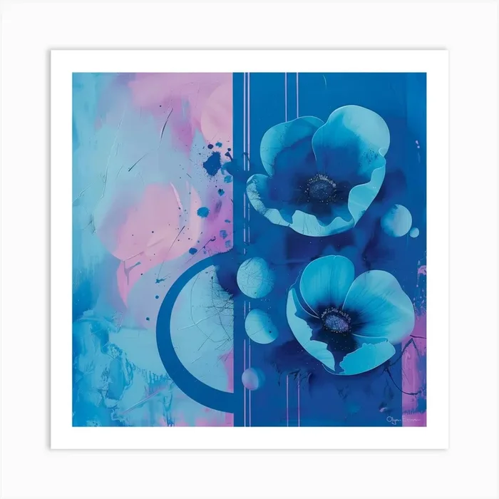 Blue Poppies on abstract background Art Print by Olya Enina