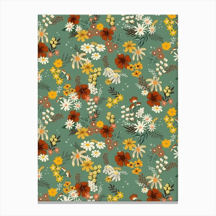 Boho Scattered Mixed Flower Bouquets on Sage Green Canvas Print by Sandra Hutter Designs
