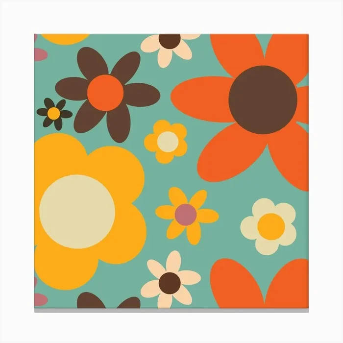 Bold 70s Retro Floral Blue Square Canvas Print by Susana Costa