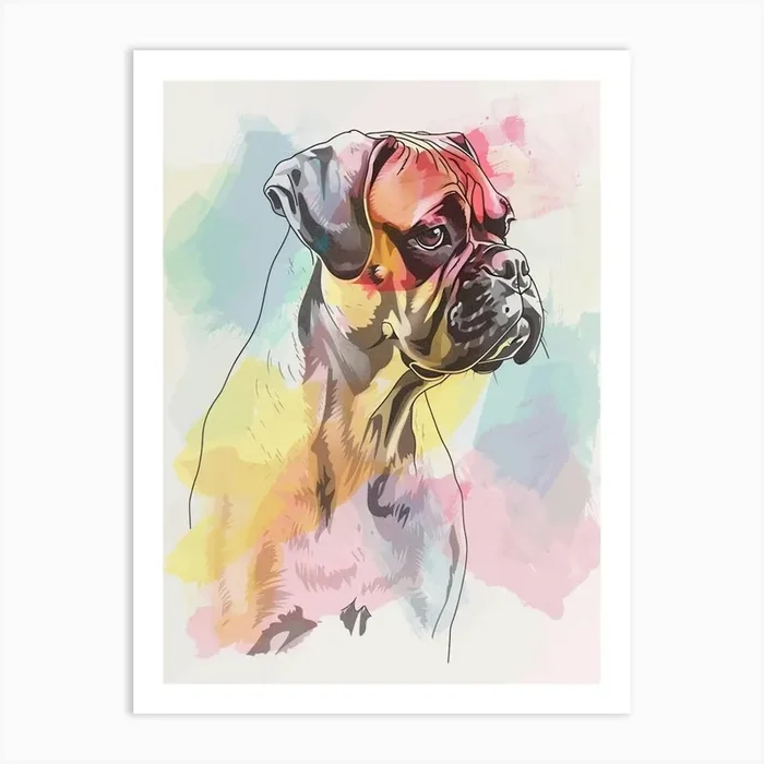 Boxer Dog Pastel Watercolour Line Drawing 2 Art Print by Woof and Whiskers