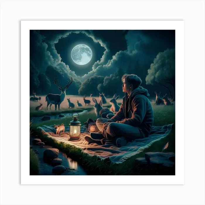 Boy In The Woods at moonlight Art PrintAD by Atlas digital