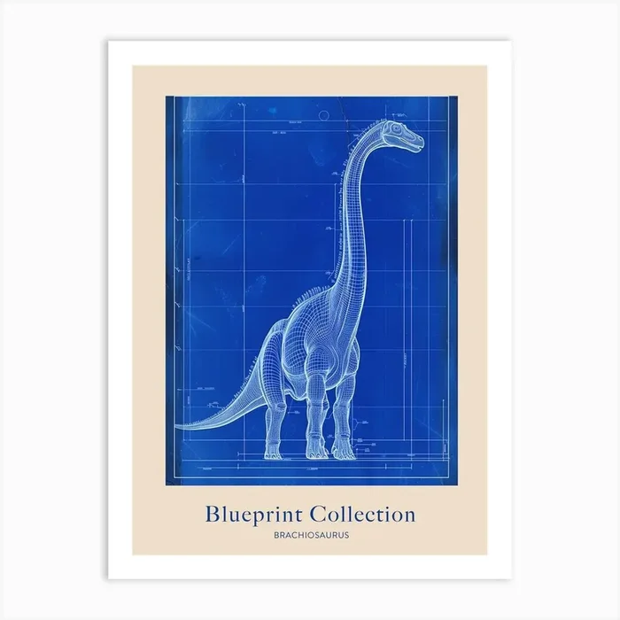 Brachiosaurus Dinosaur Blue Print Sketch 3 Poster Art Print by Dino Delights